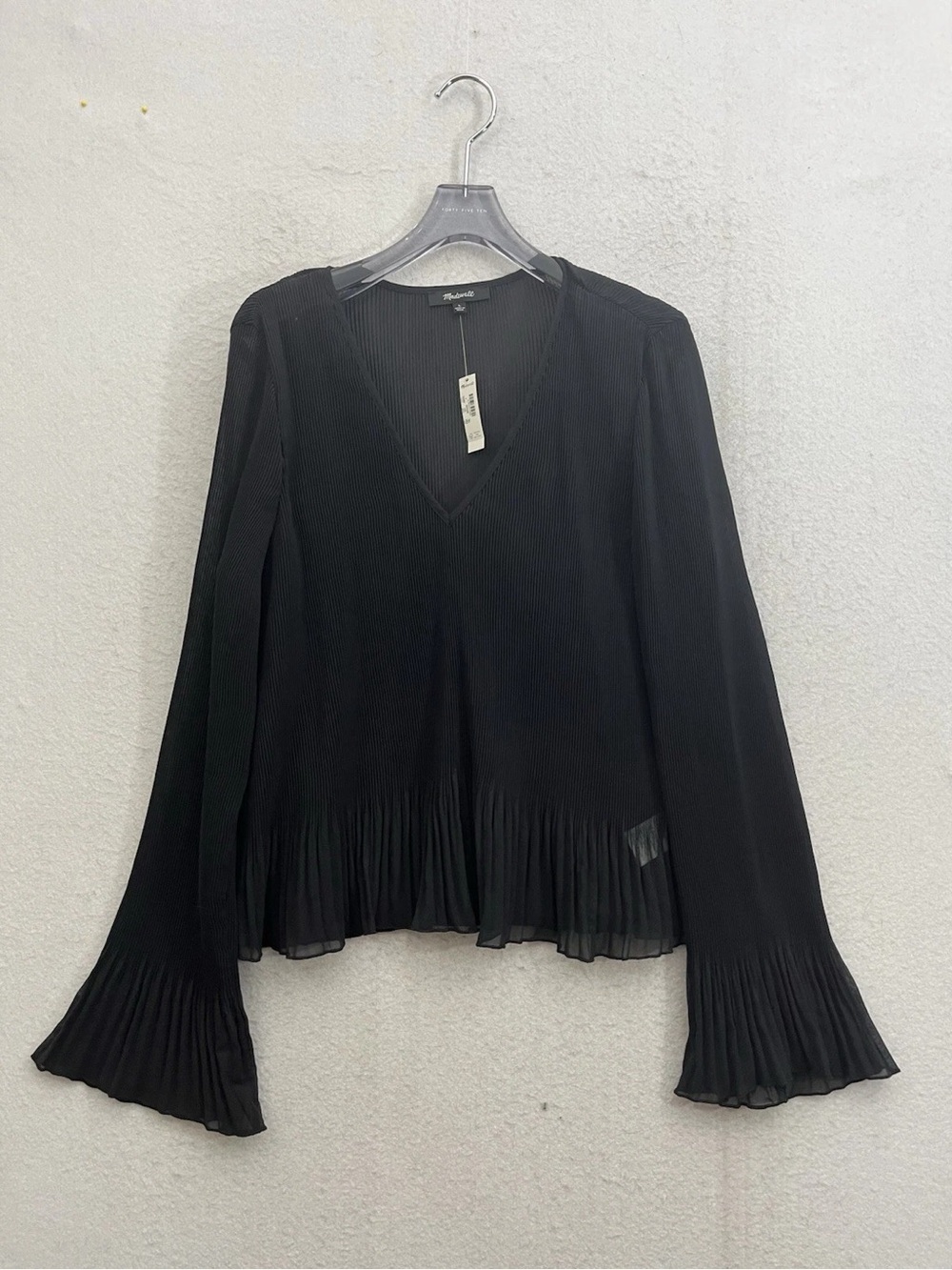 Madewell Black Pleated V-Neck Long-Sleeve Blouse